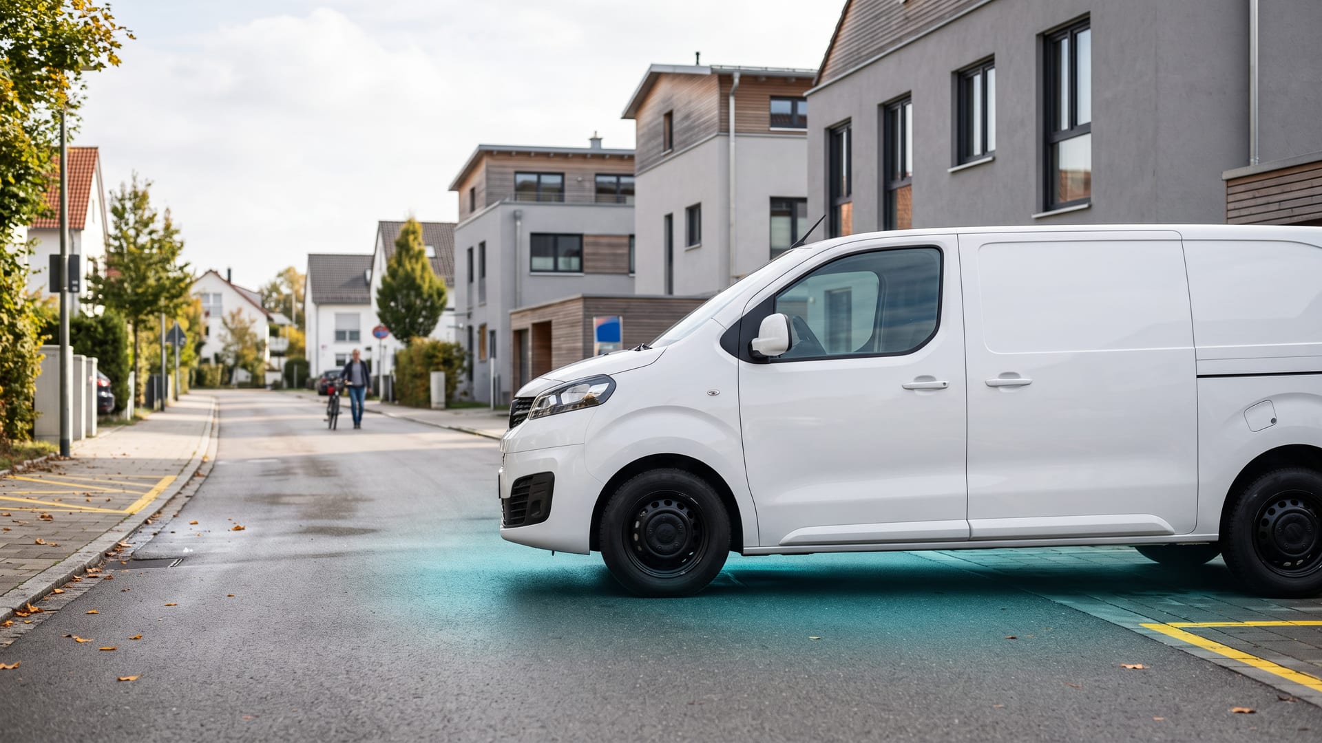 A white electric panel van on a residential street in Germany, with a glowing teal wireless charging halo beneath it